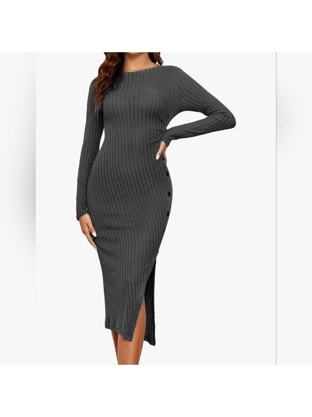 Famulily Dress Long Sleeve Ribbed Knit Crewneck Solid Elastic Side Slit Buttons